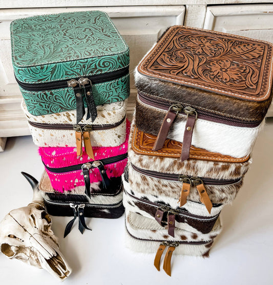 Western Cowhide Leather Jewelry Box - travel storage