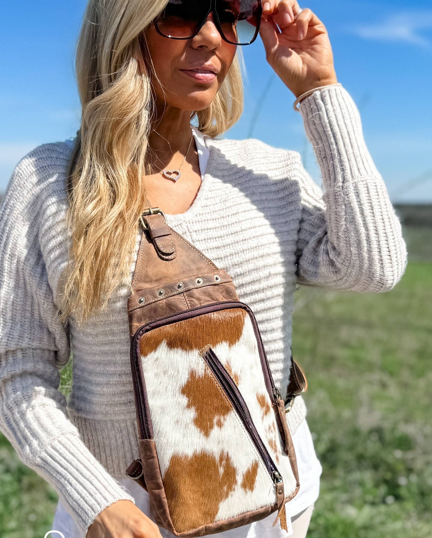 Western Cowhide Leather Sling Bag - travel bag chest bag